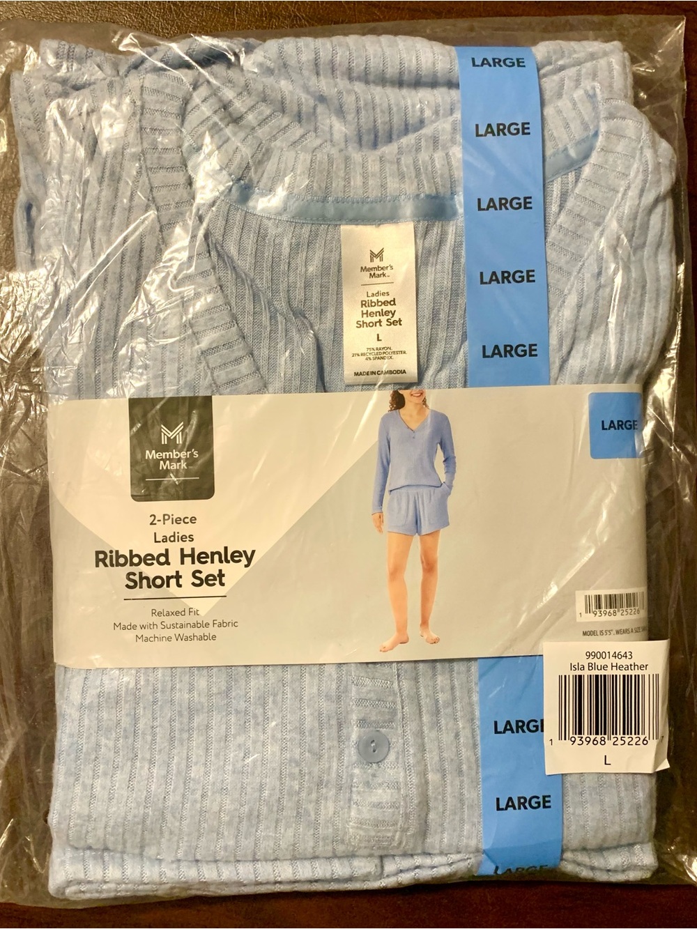 Member's Mark Ladies Ribbed Henley Short Set in Isla Blue Heather - Large